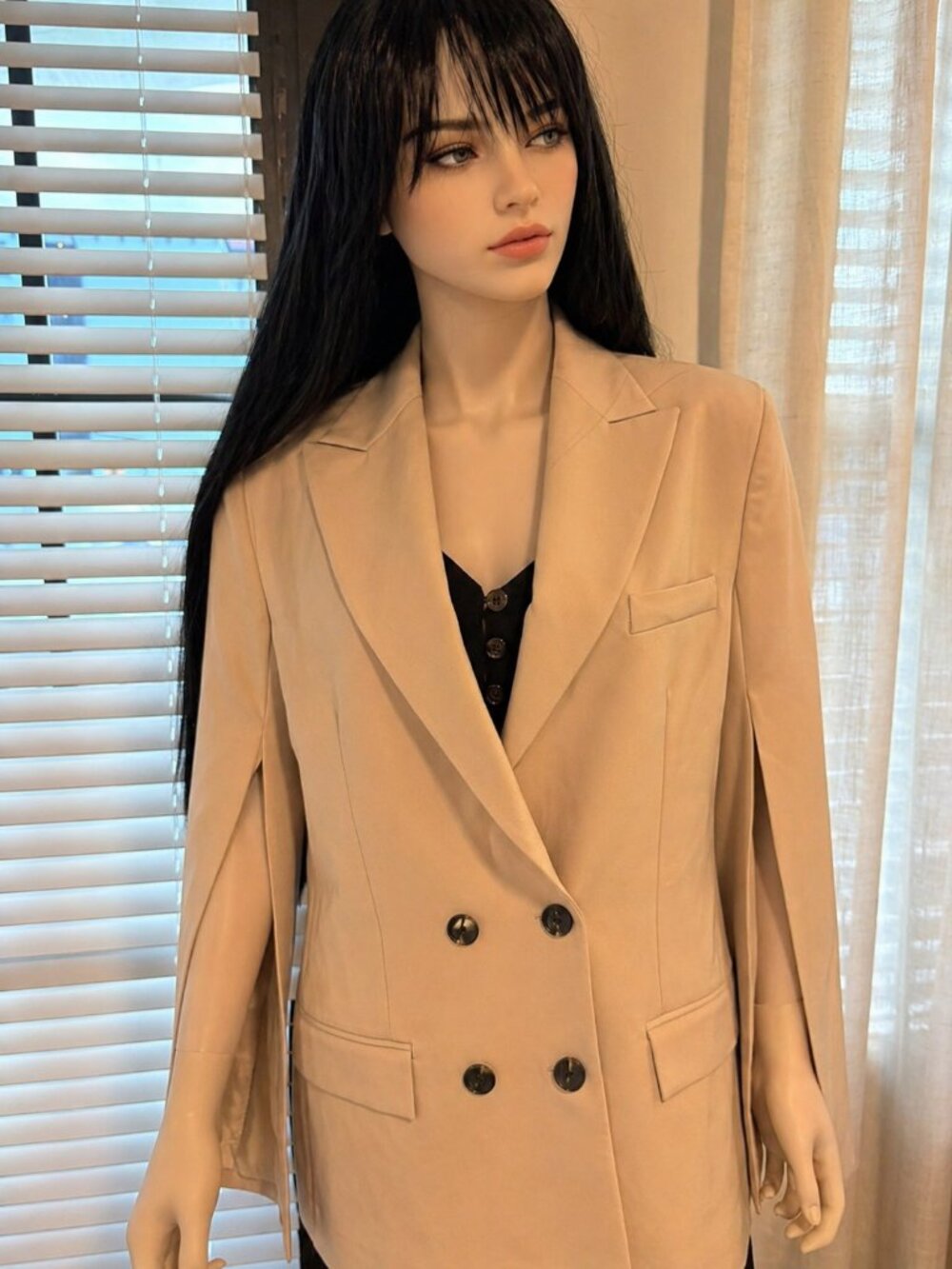 ASOS Beige Double-Breasted Blazer with Split Sleeves – Chic Tailored